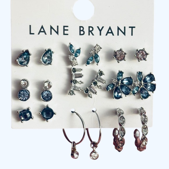 Lane Bryant Crystal Earring Set 10 Pairs Blue, Clear & Purple Stones NWT - Picture 3 of 4